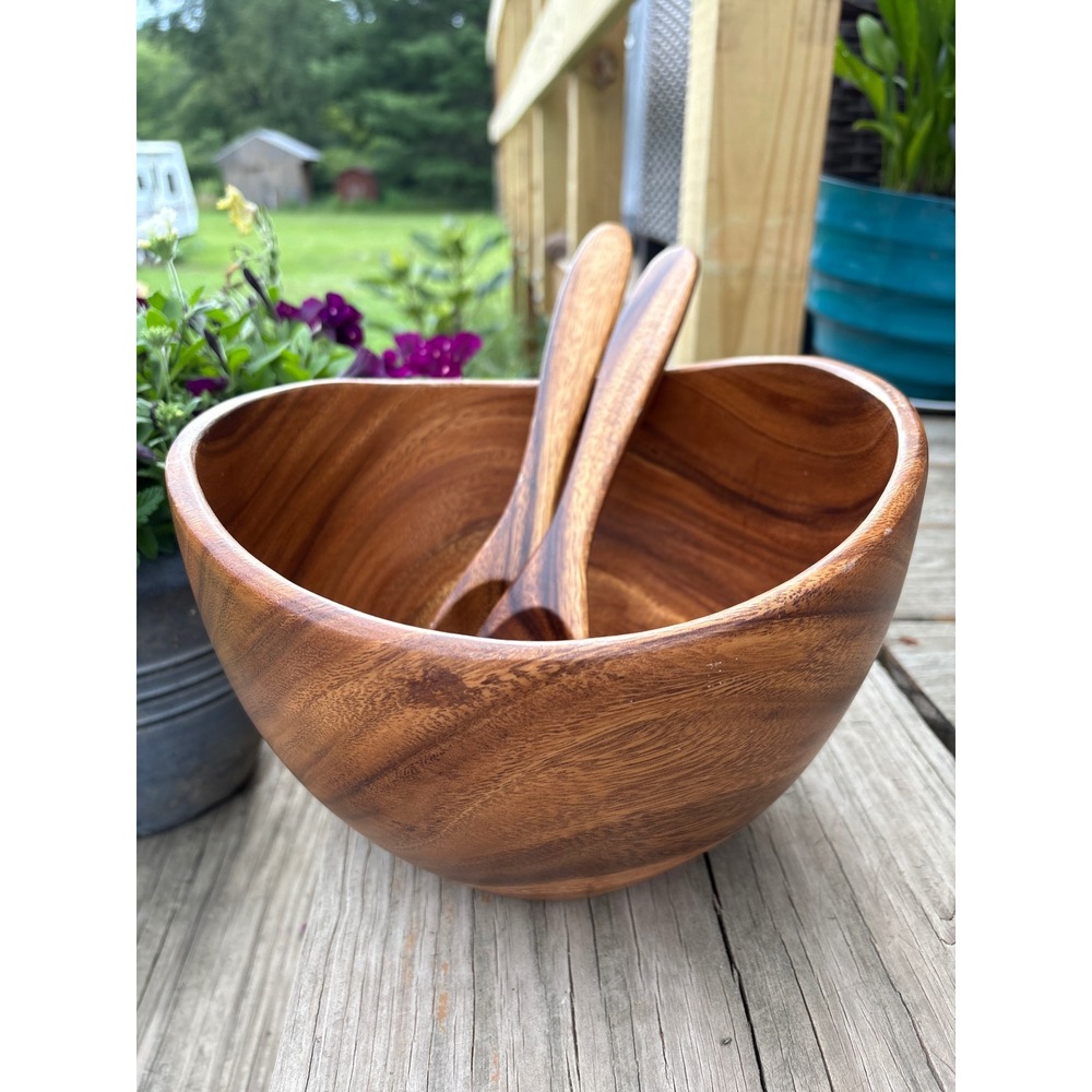 Crate & Barrel Acacia Wood Salad Bowl and Servers Set LARGE DEEP BEAUTIFUL